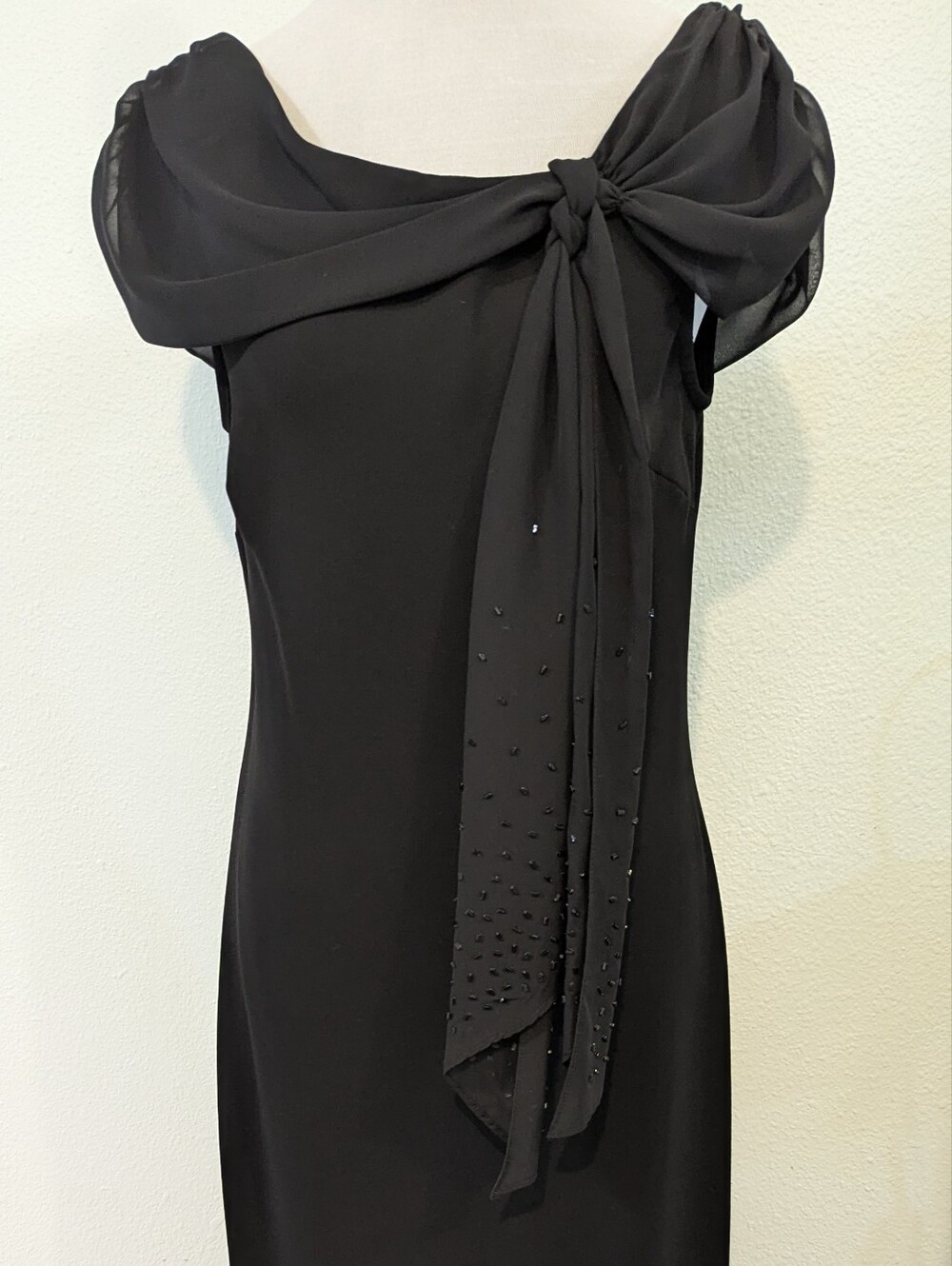 S.L. Fashions Black Midi Dress with Draped Beaded Scarf